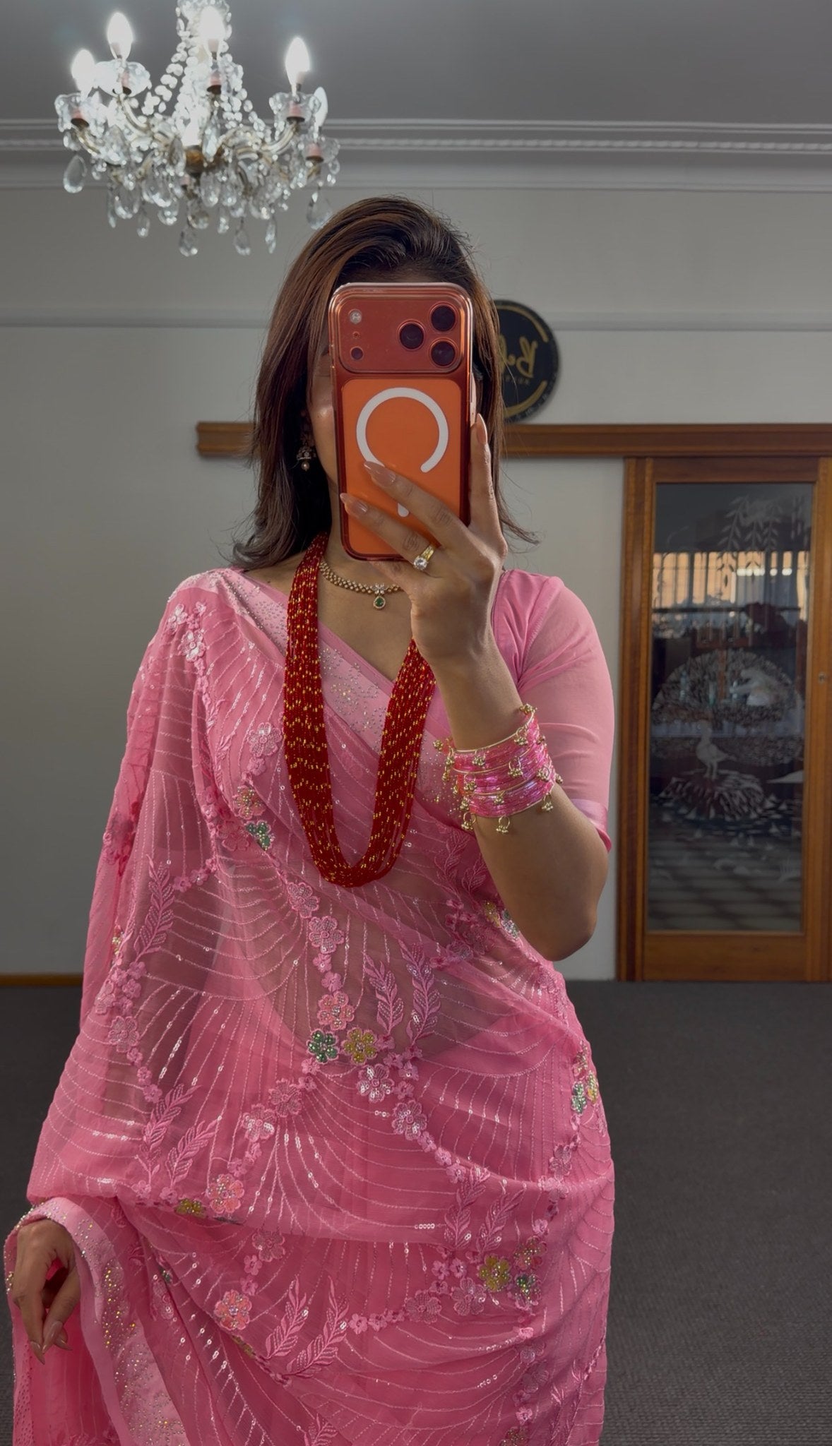 Blush pink organza saree with resham thread embroidery, sequin detailing and delicate floral motifs — Behuli Australia — view 3