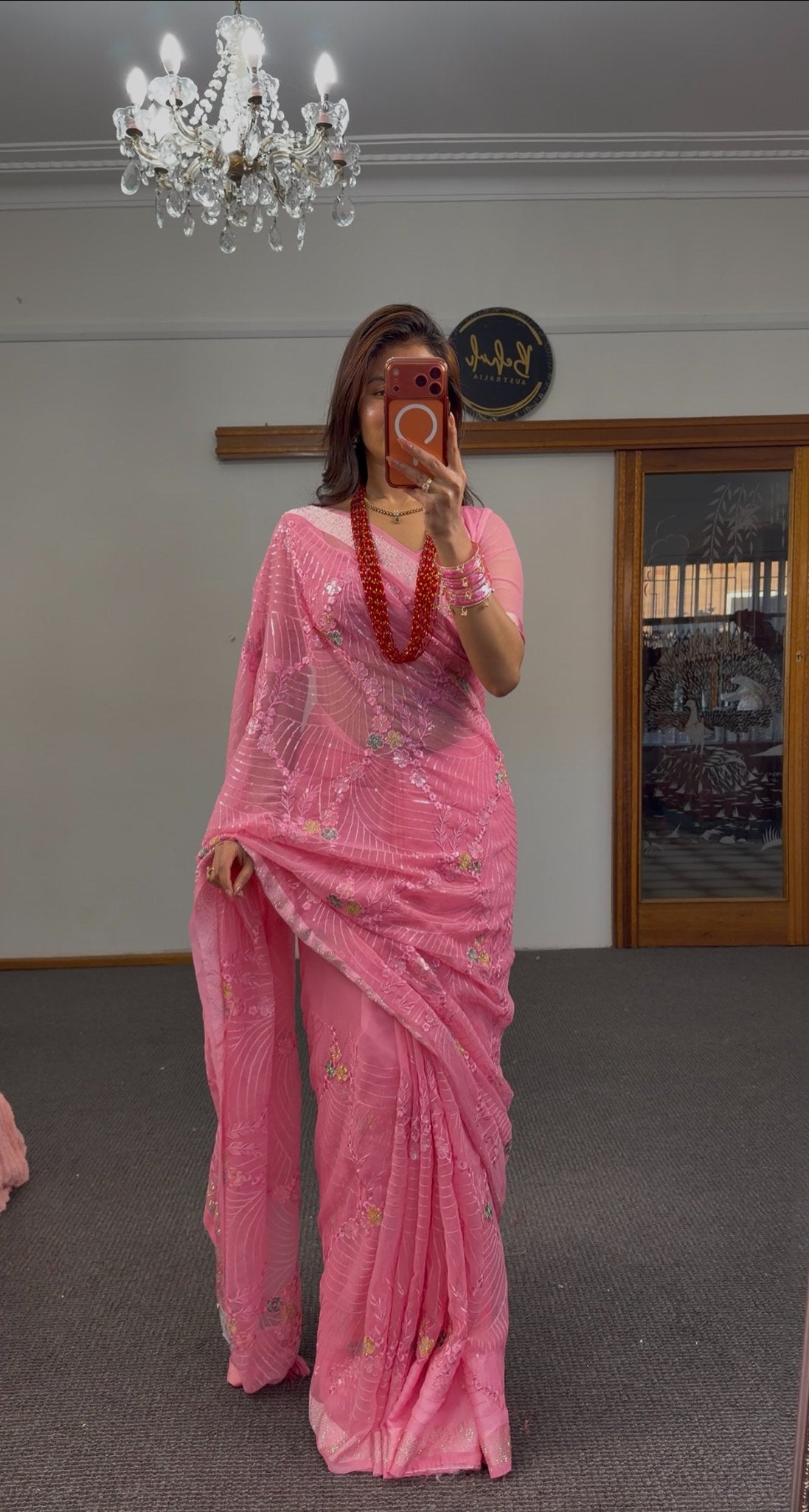 Blush pink organza saree with resham thread embroidery, sequin detailing and delicate floral motifs — Behuli Australia — view 4