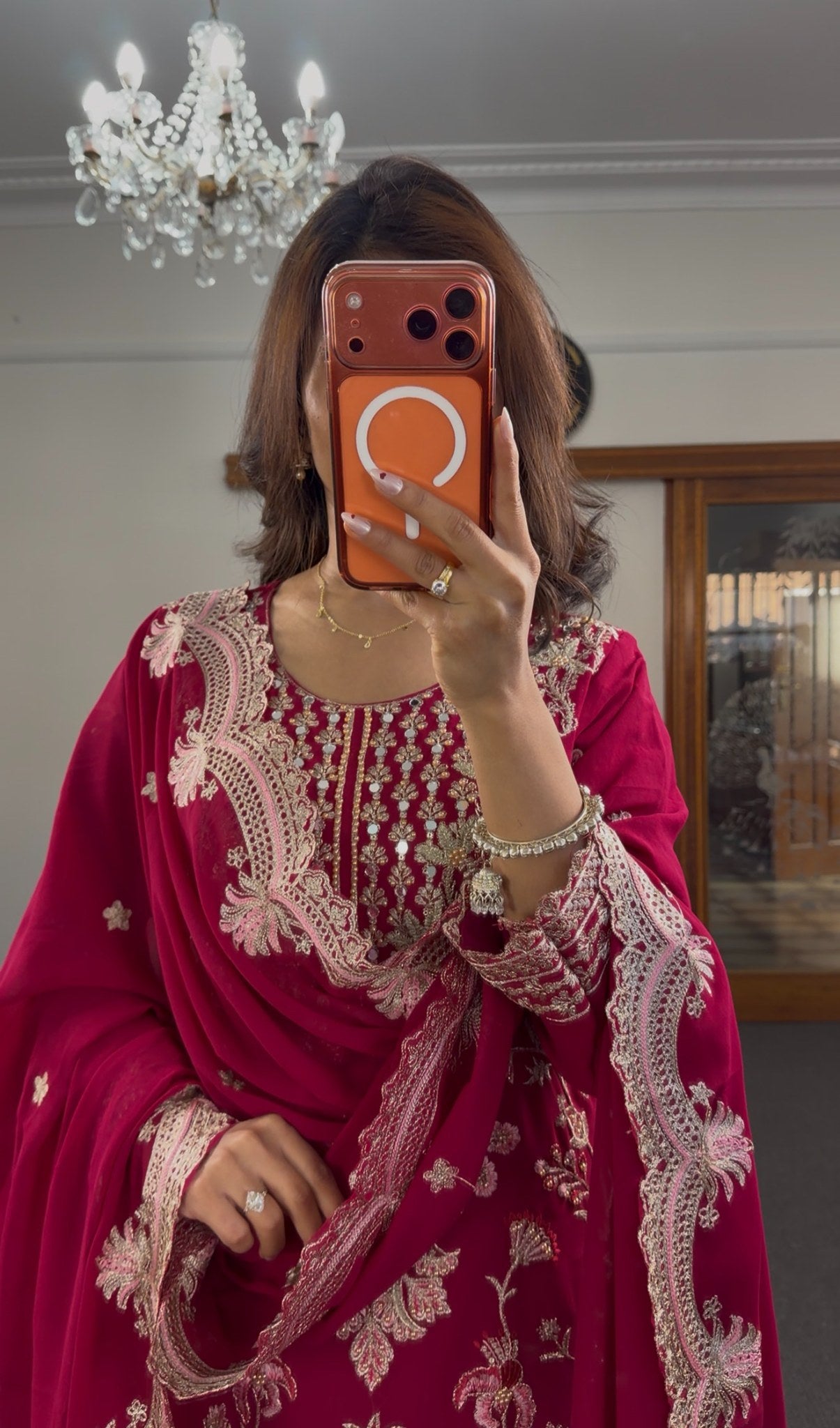 Fuchsia georgette three-piece kurti set with gold zari embroidery, matching palazzo pants and embroidered dupatta — Behuli — view 5