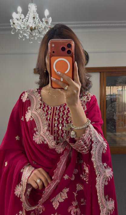 Fuchsia georgette three-piece kurti set with gold zari embroidery, matching palazzo pants and embroidered dupatta — Behuli — view 5