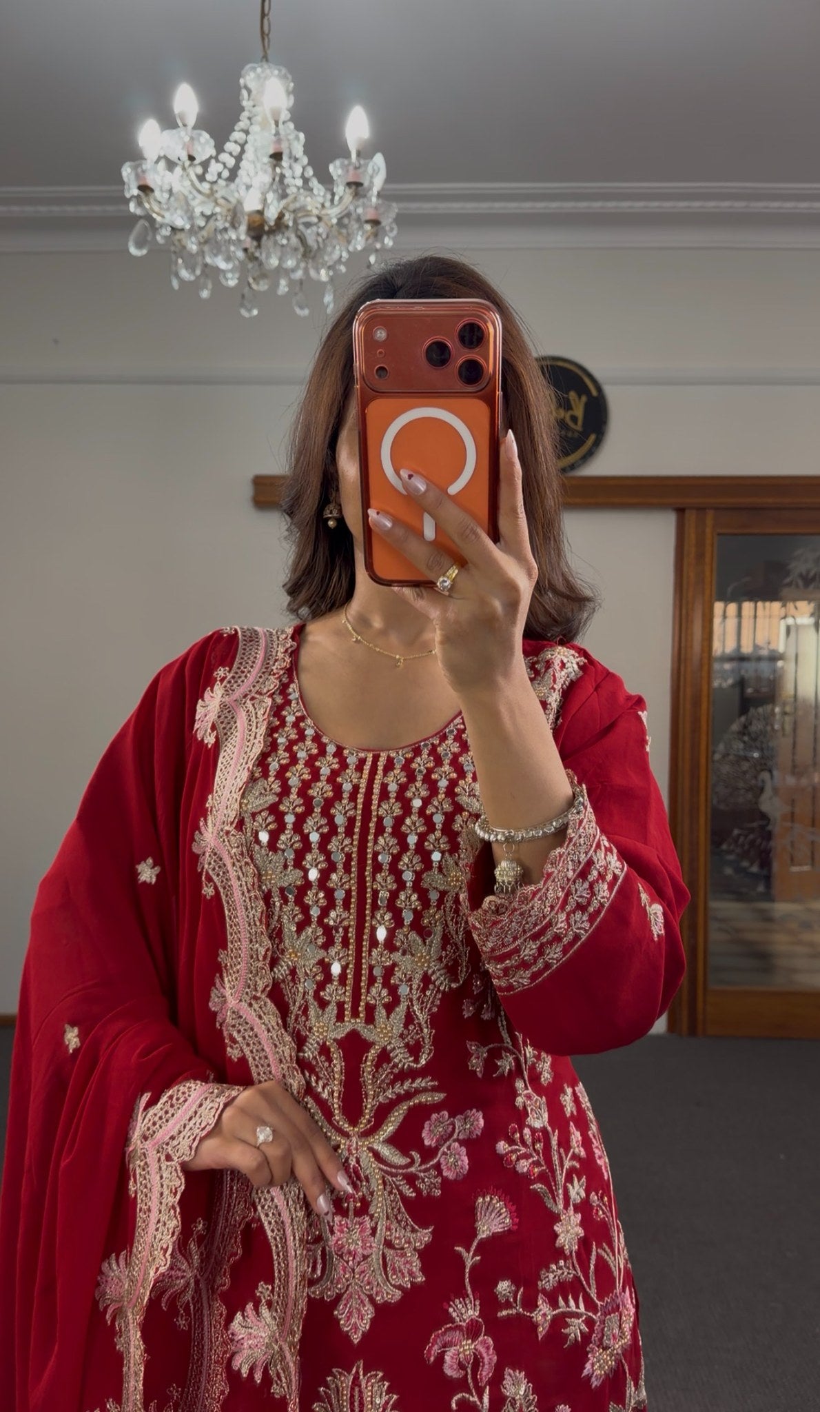Fuchsia georgette three-piece kurti set with gold zari embroidery, matching palazzo pants and embroidered dupatta — Behuli — view 7