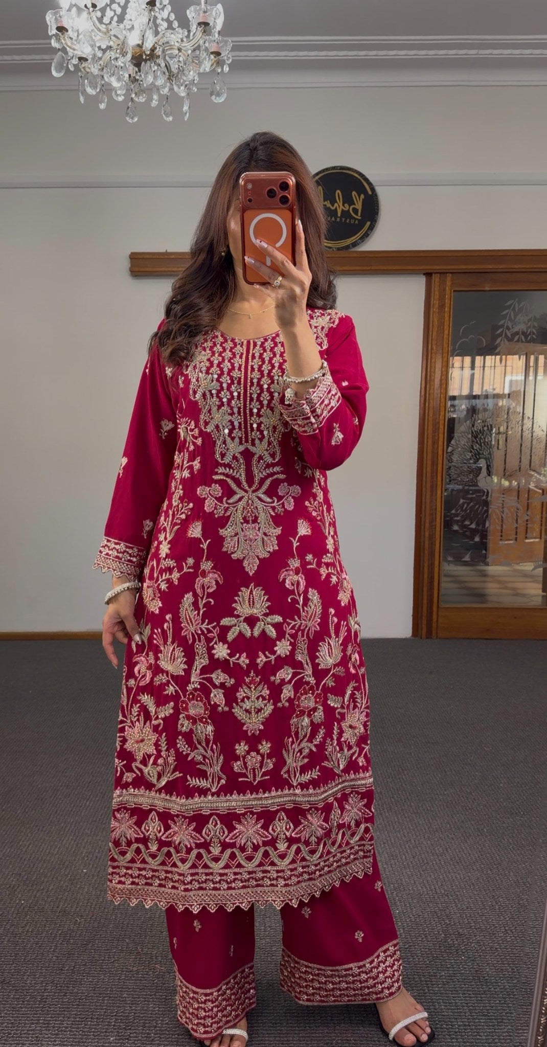 Fuchsia georgette three-piece kurti set with gold zari embroidery, matching palazzo pants and embroidered dupatta — Behuli — view 6