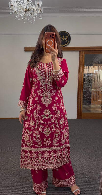 Fuchsia georgette three-piece kurti set with gold zari embroidery, matching palazzo pants and embroidered dupatta — Behuli — view 6