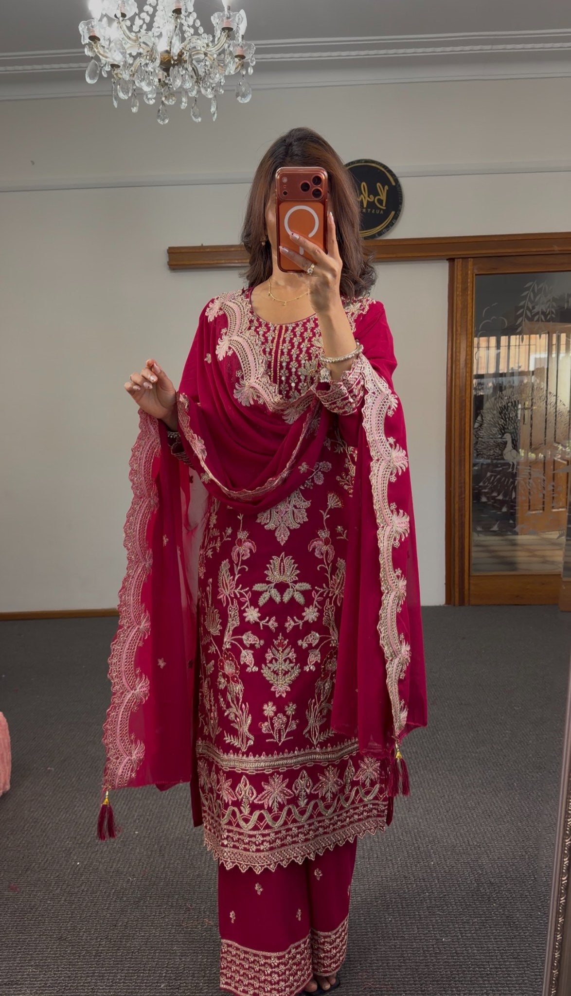 Fuchsia georgette three-piece kurti set with gold zari embroidery, matching palazzo pants and embroidered dupatta — Behuli — view 9
