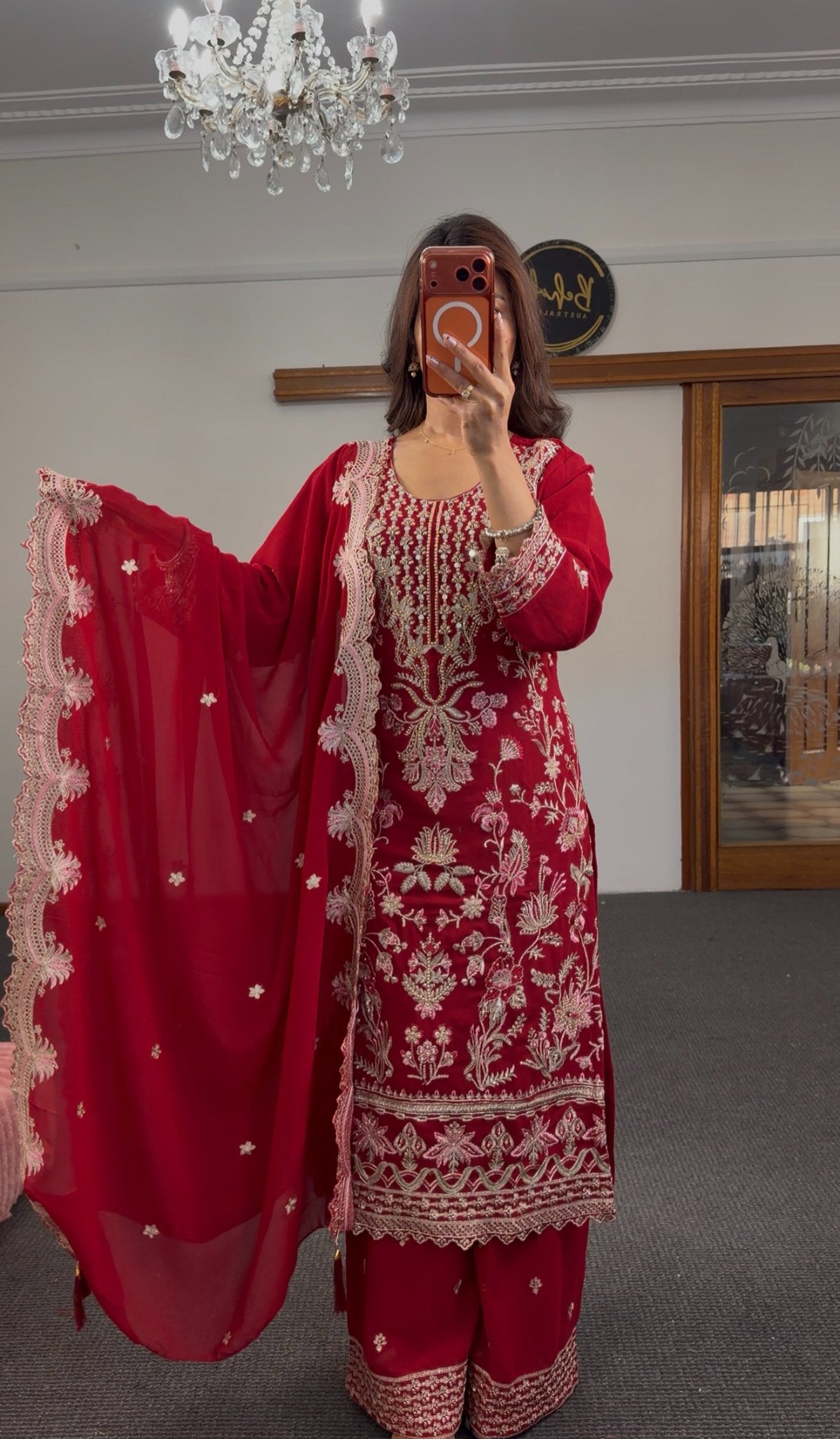 Fuchsia georgette three-piece kurti set with gold zari embroidery, matching palazzo pants and embroidered dupatta — Behuli — view 3