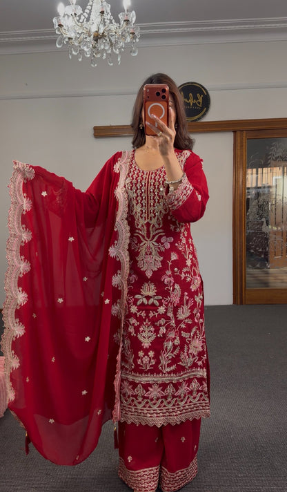 Fuchsia georgette three-piece kurti set with gold zari embroidery, matching palazzo pants and embroidered dupatta — Behuli — view 3
