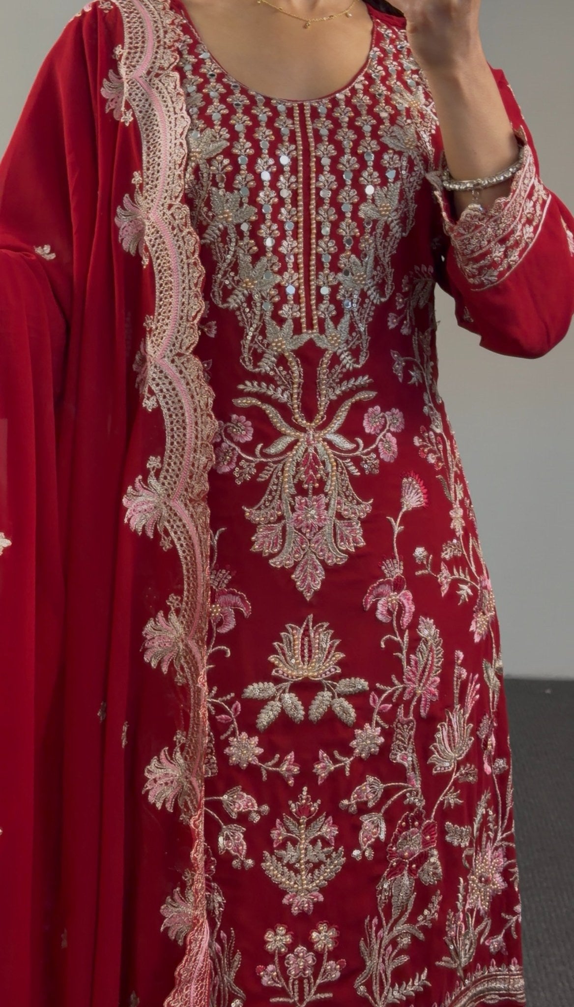 Fuchsia georgette three-piece kurti set with gold zari embroidery, matching palazzo pants and embroidered dupatta — Behuli — view 8