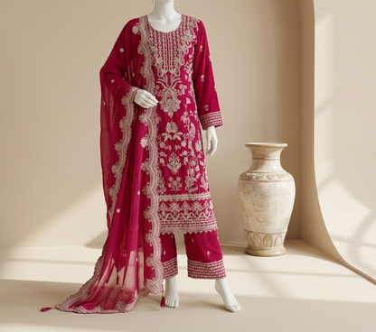 Fuchsia georgette three-piece kurti set with gold zari embroidery, matching palazzo pants and embroidered dupatta — Behuli