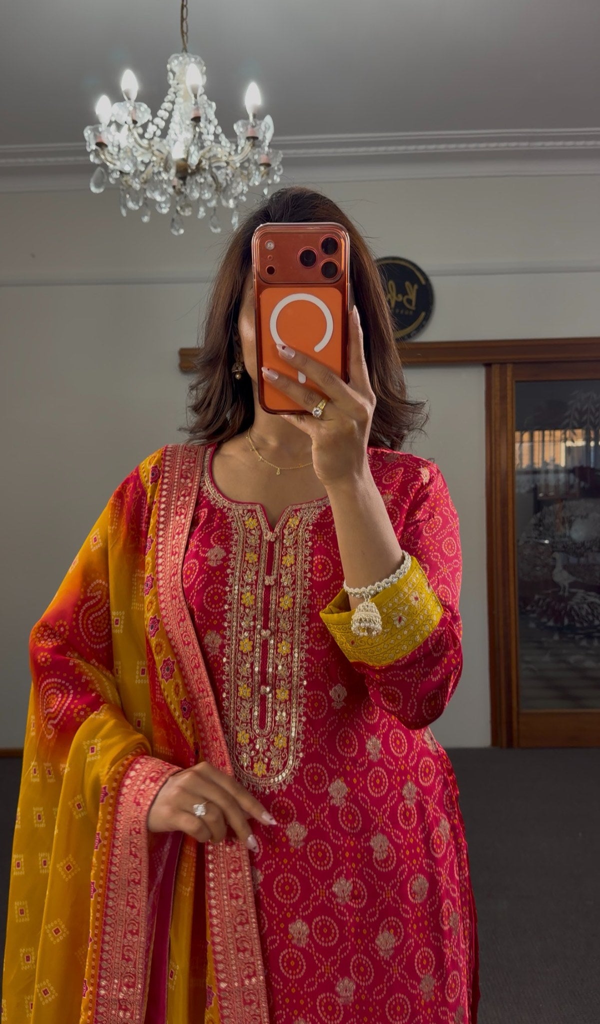 Fuchsia bandhani silk kurti set with mustard yellow zari border, bead tassels and matching woven dupatta — Behuli Australia — view 2