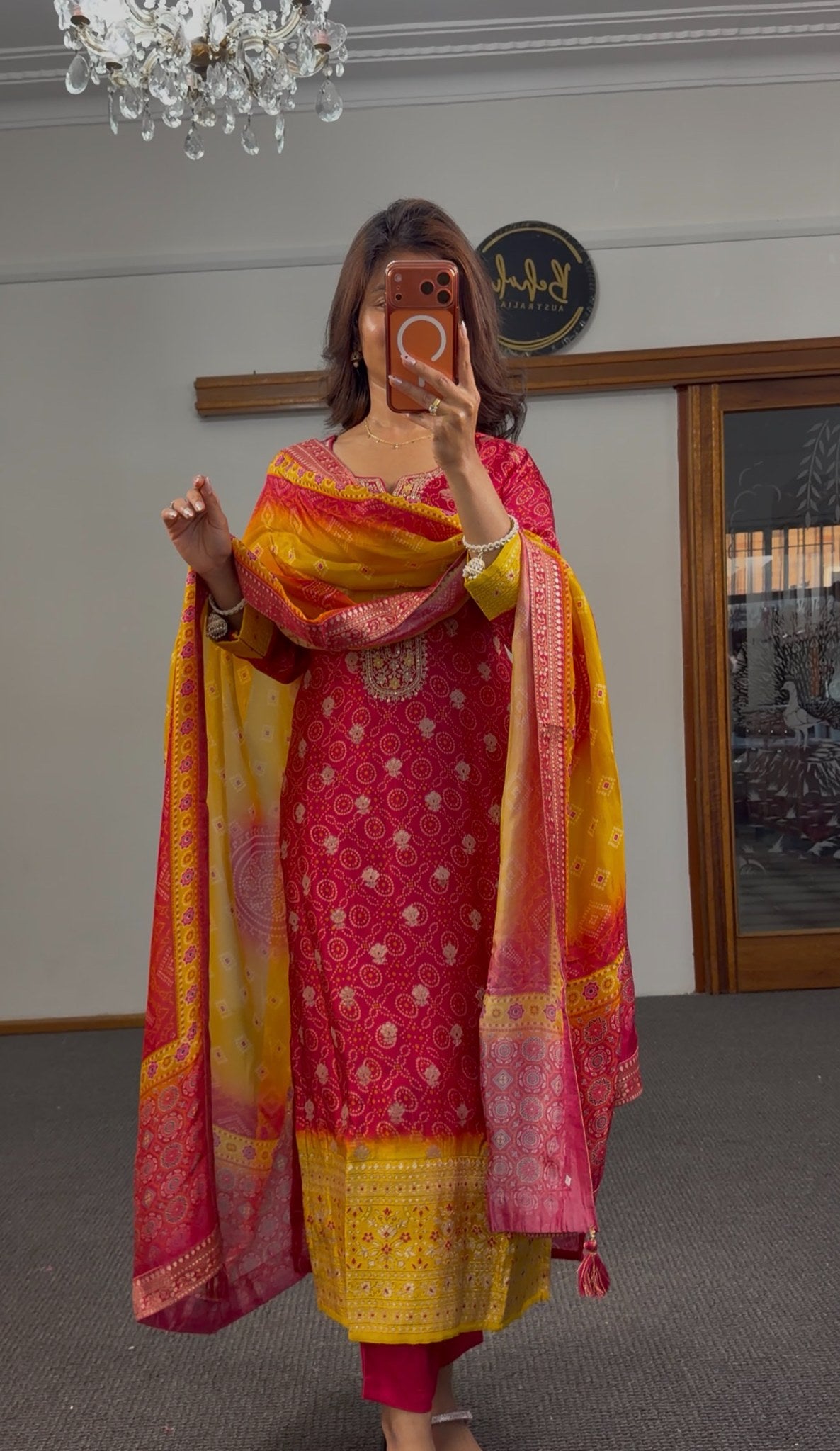 Fuchsia bandhani silk kurti set with mustard yellow zari border, bead tassels and matching woven dupatta — Behuli Australia — view 4