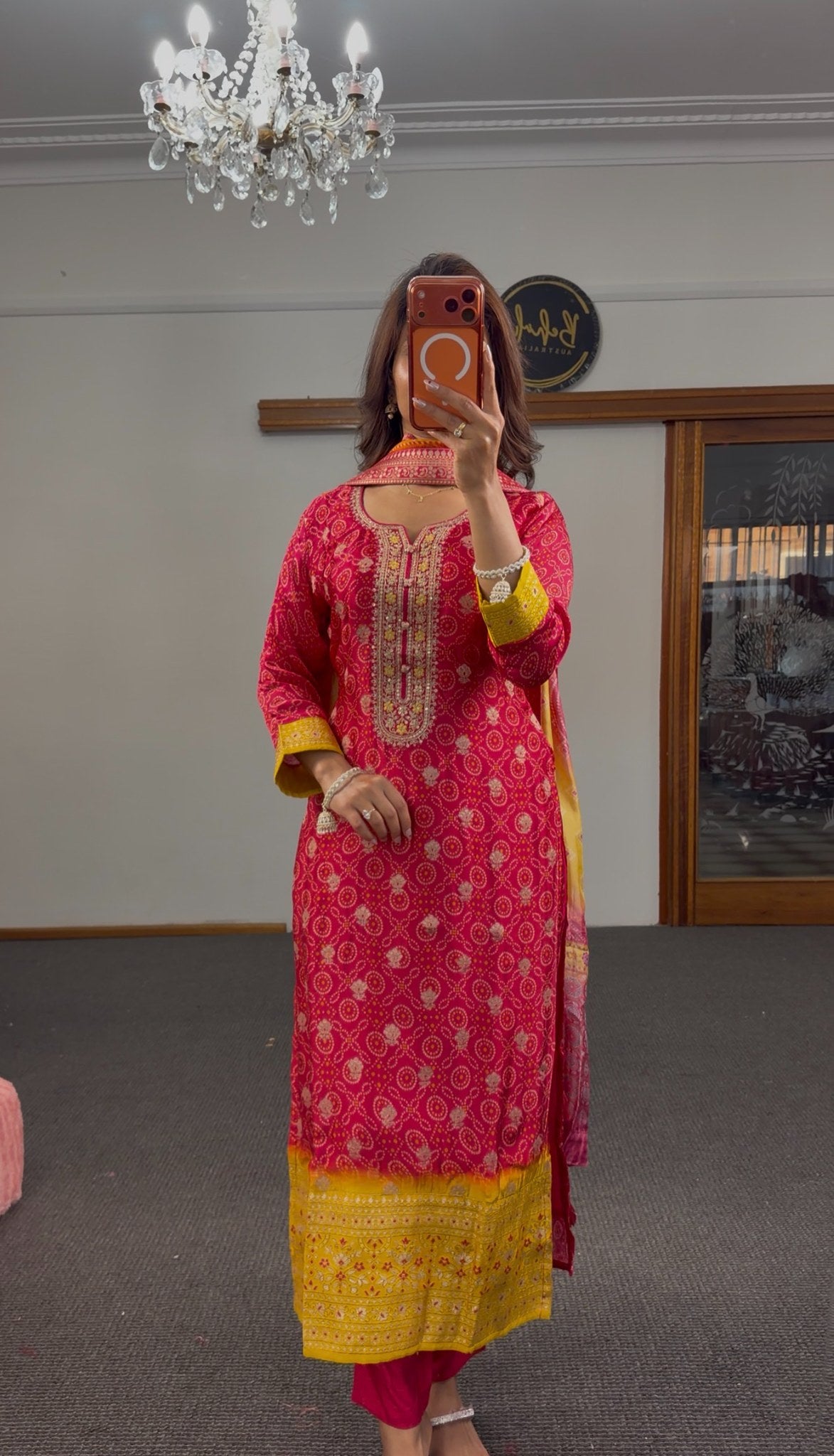 Fuchsia bandhani silk kurti set with mustard yellow zari border, bead tassels and matching woven dupatta — Behuli Australia — view 3