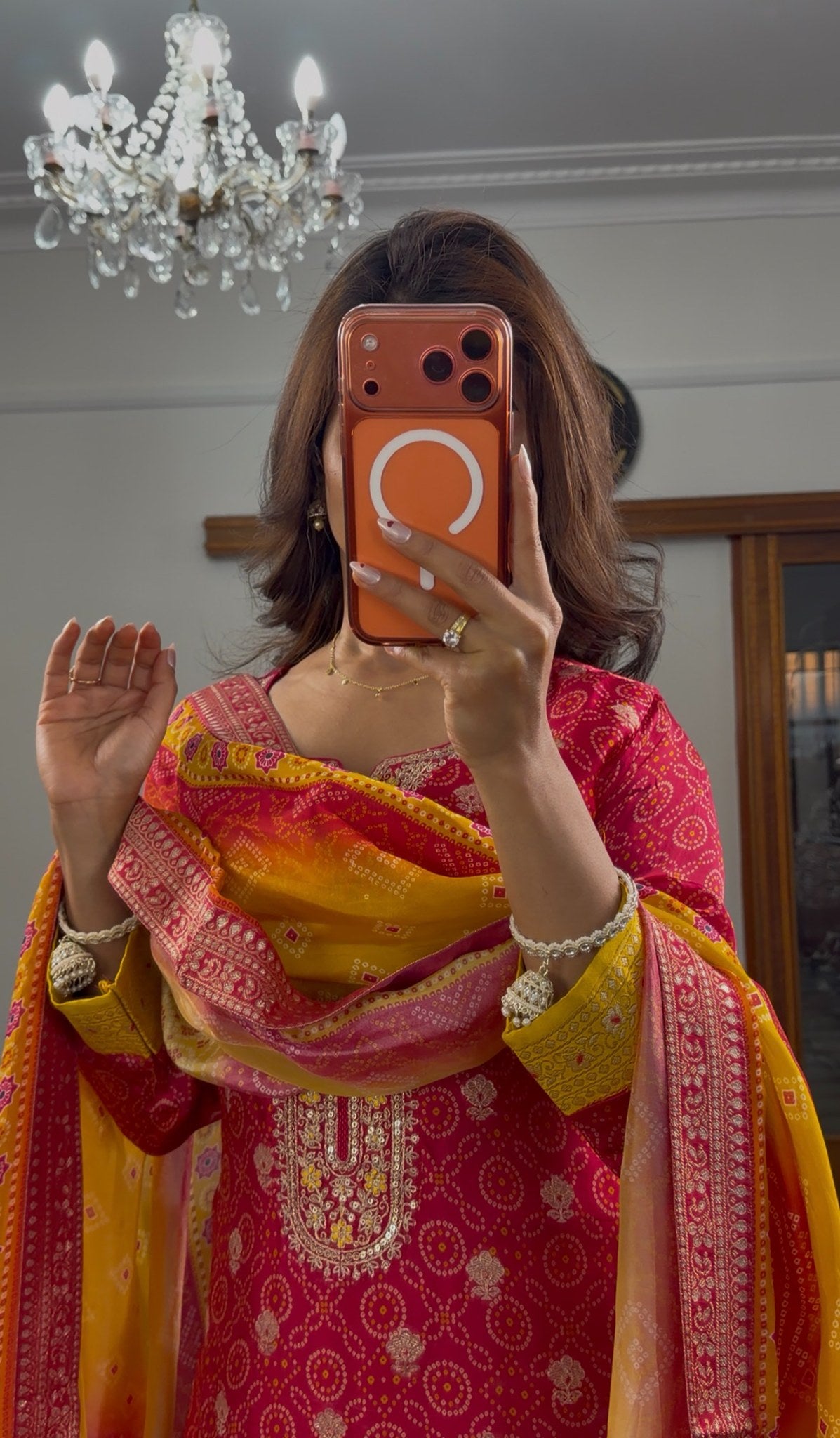 Fuchsia bandhani silk kurti set with mustard yellow zari border, bead tassels and matching woven dupatta — Behuli Australia — view 5