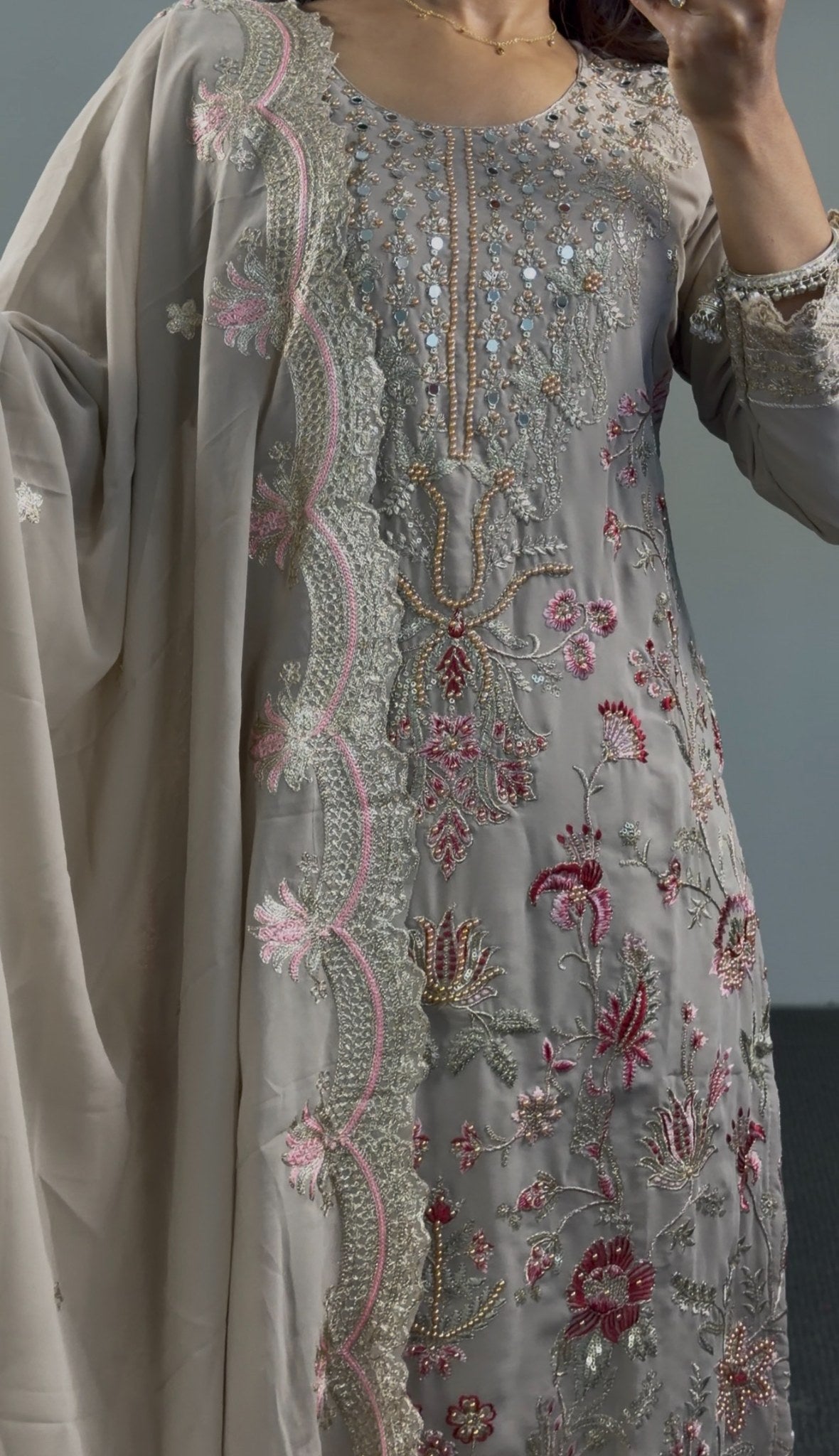 Beige georgette palazzo suit set with fuchsia resham floral embroidery, bead detailing and matching scallop-edge dupatta — — view 2