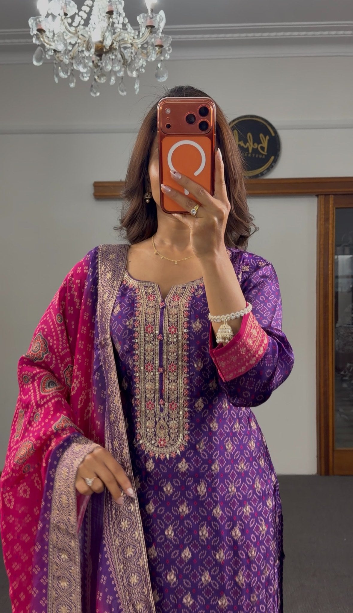 Royal purple Bandhani print kurti set with gold zari borders, embroidered neckline and magenta jacquard dupatta — Behuli — view 3