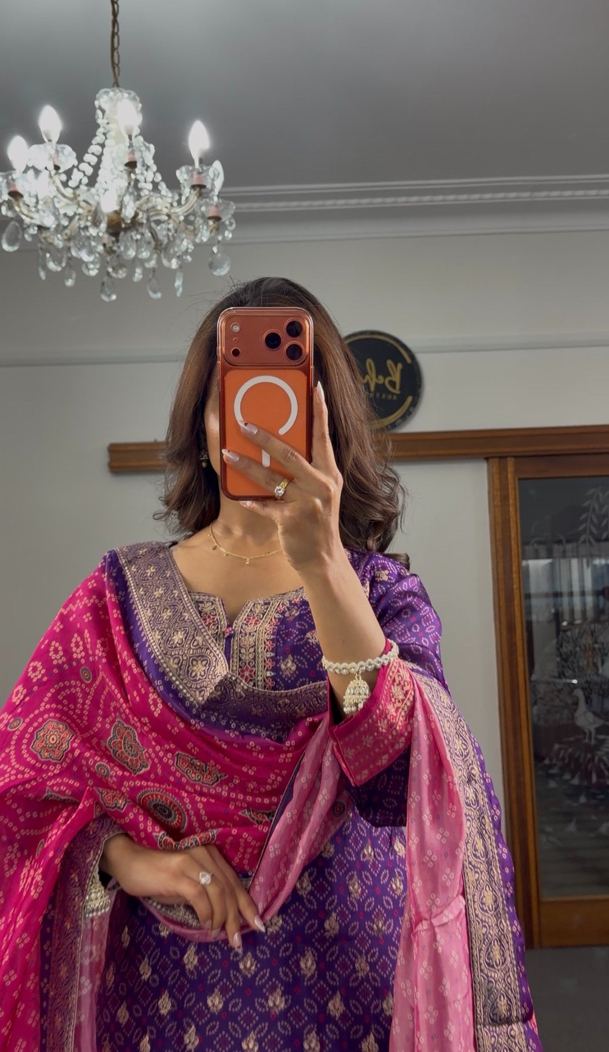 Royal purple Bandhani print kurti set with gold zari borders, embroidered neckline and magenta jacquard dupatta — Behuli — view 4