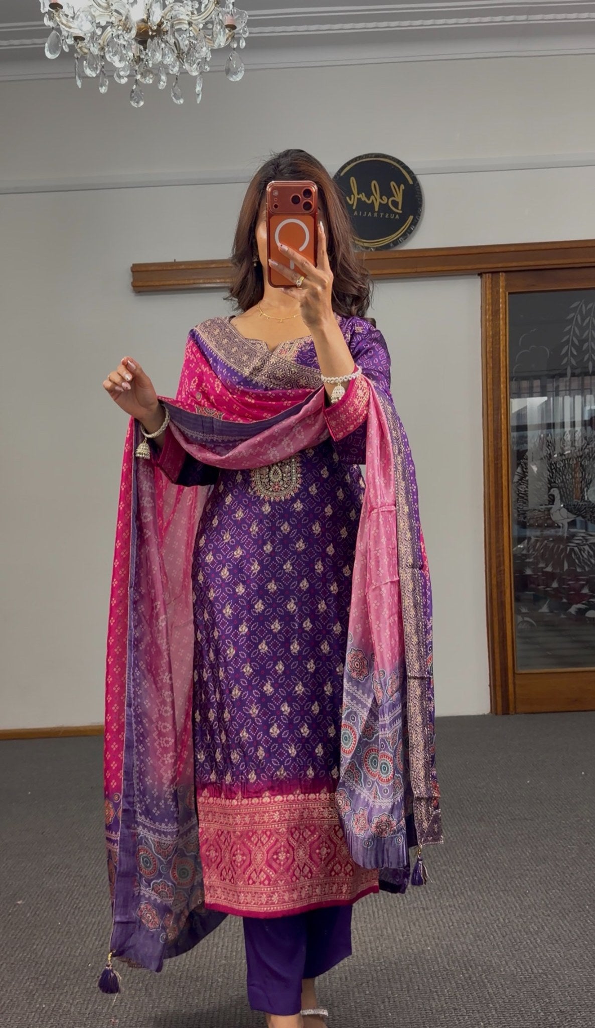 Royal purple Bandhani print kurti set with gold zari borders, embroidered neckline and magenta jacquard dupatta — Behuli — view 5