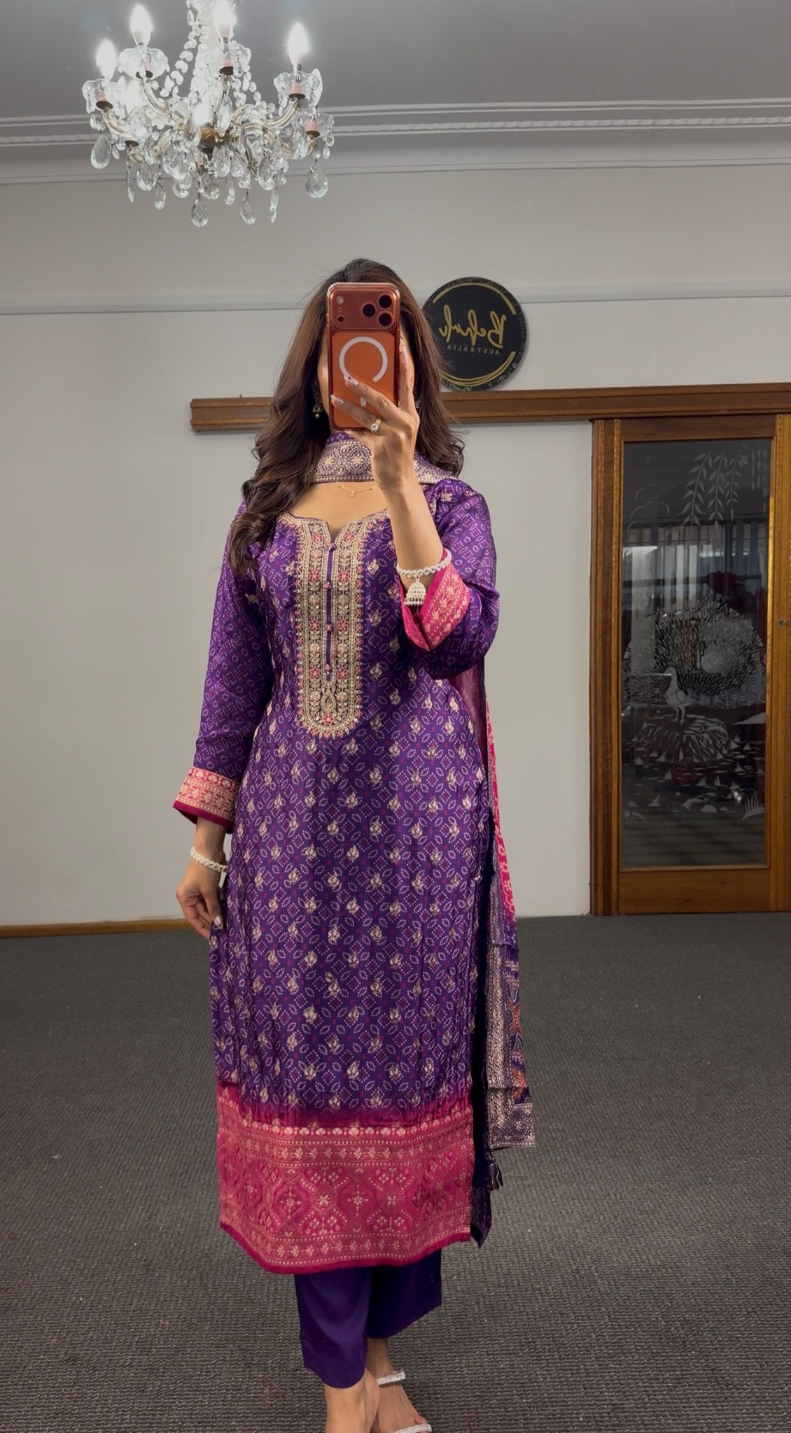 Royal purple Bandhani print kurti set with gold zari borders, embroidered neckline and magenta jacquard dupatta — Behuli — view 6