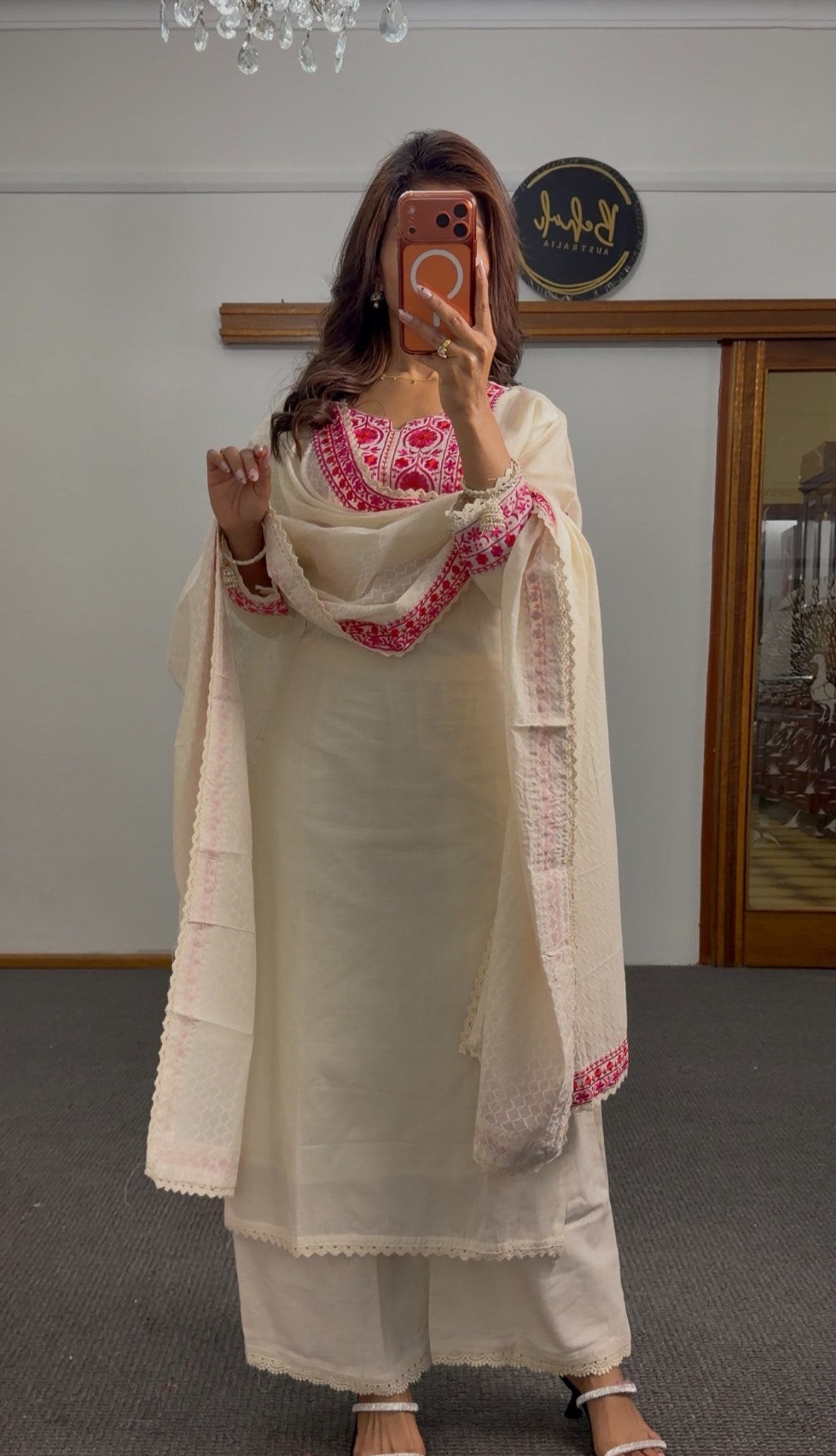 Ivory cotton palazzo kurti set with fuchsia resham embroidered yoke and matching textured dupatta with red border — Behuli — view 2