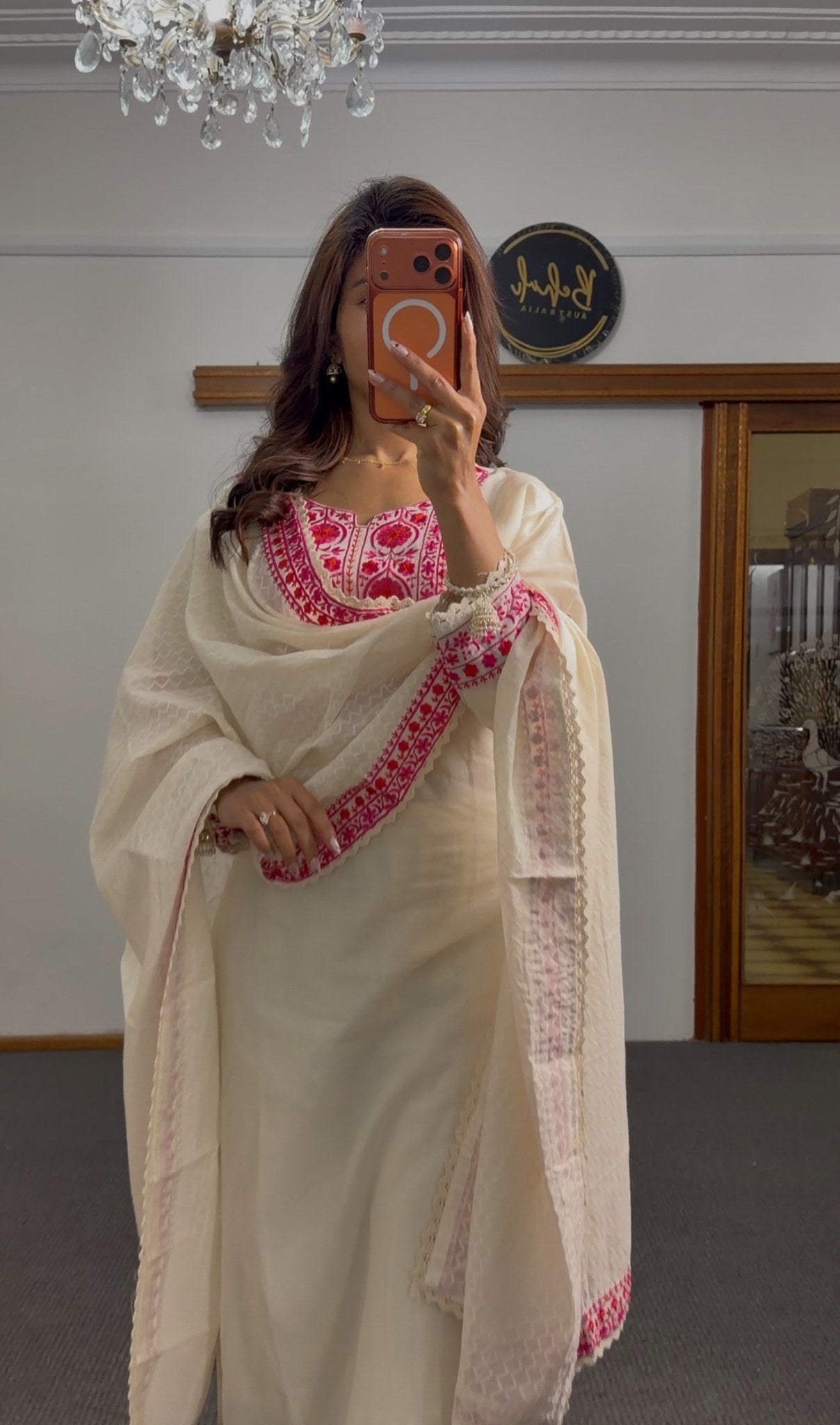 Ivory cotton palazzo kurti set with fuchsia resham embroidered yoke and matching textured dupatta with red border — Behuli — view 3