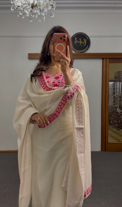Ivory cotton palazzo kurti set with fuchsia resham embroidered yoke and matching textured dupatta with red border — Behuli — view 3