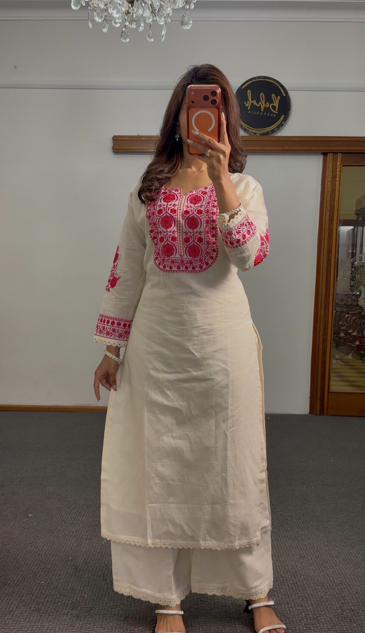 Ivory cotton palazzo kurti set with fuchsia resham embroidered yoke and matching textured dupatta with red border — Behuli — view 4