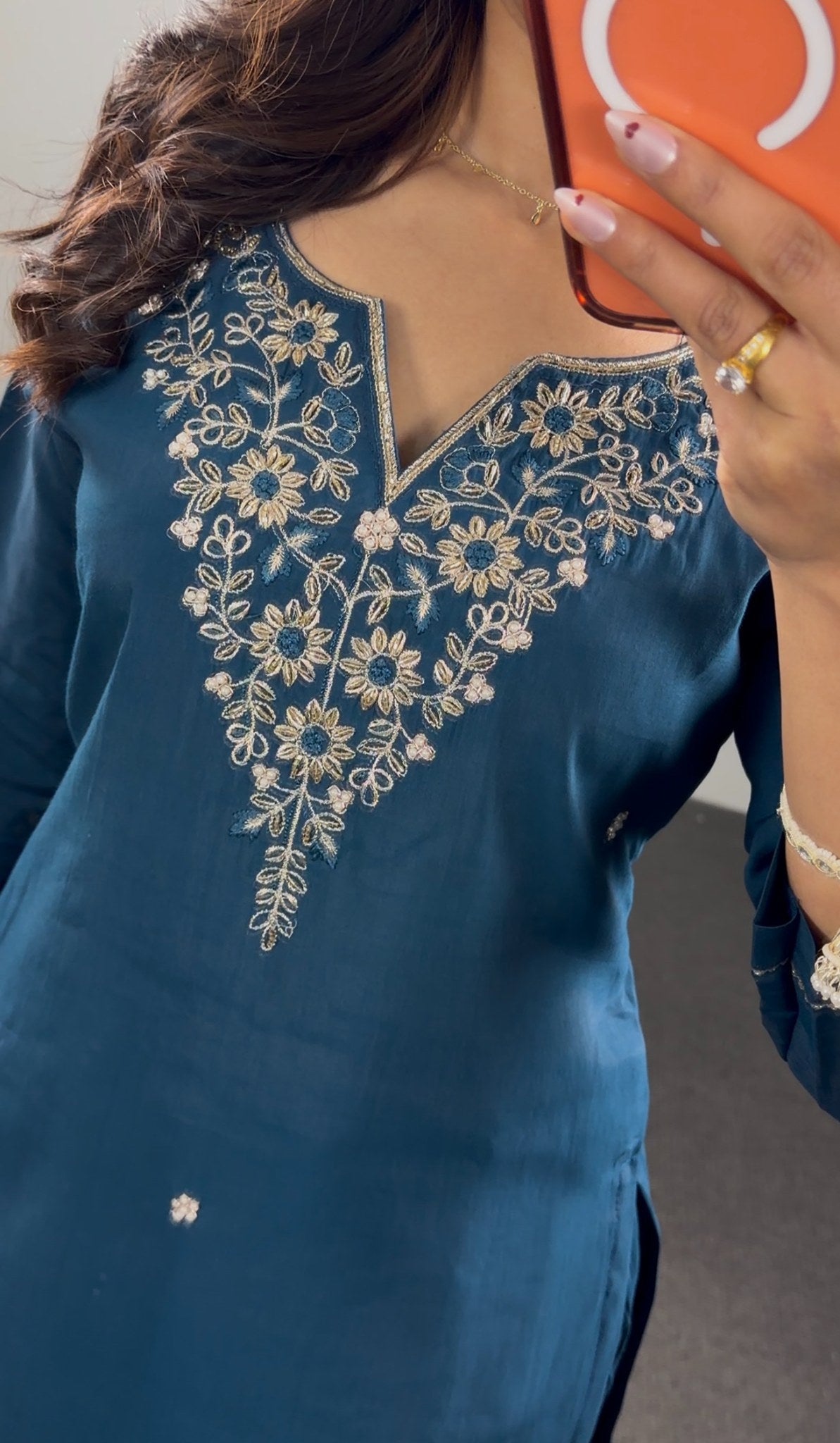 Teal raw silk kurti set with silver zari embroidery at neckline and woven Banarasi dupatta with gold buti motifs — Behuli — view 6