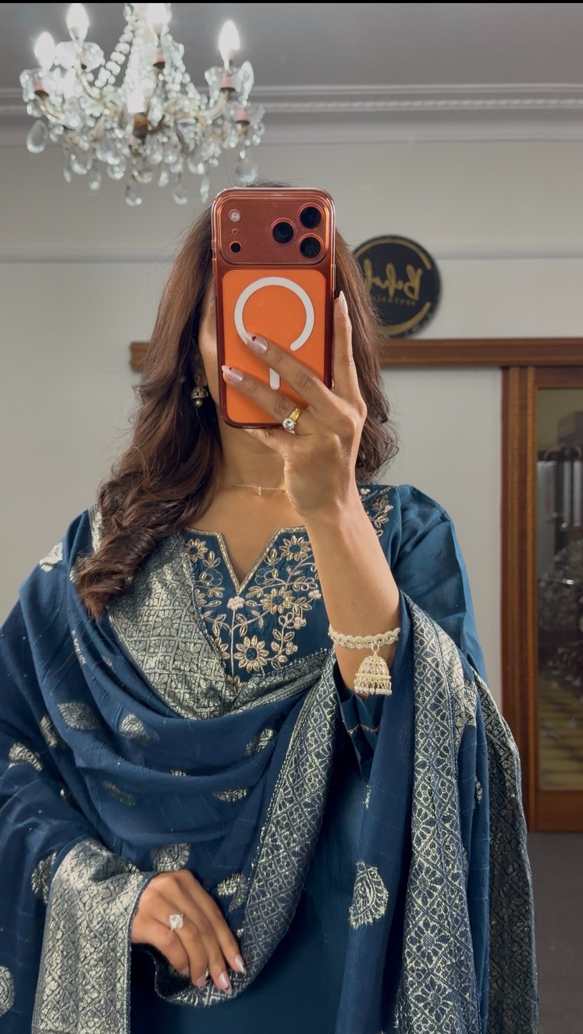 Teal raw silk kurti set with silver zari embroidery at neckline and woven Banarasi dupatta with gold buti motifs — Behuli — view 4