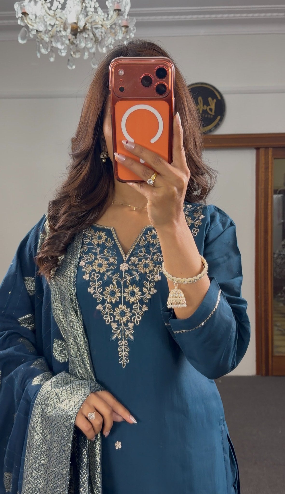 Teal raw silk kurti set with silver zari embroidery at neckline and woven Banarasi dupatta with gold buti motifs — Behuli — view 3