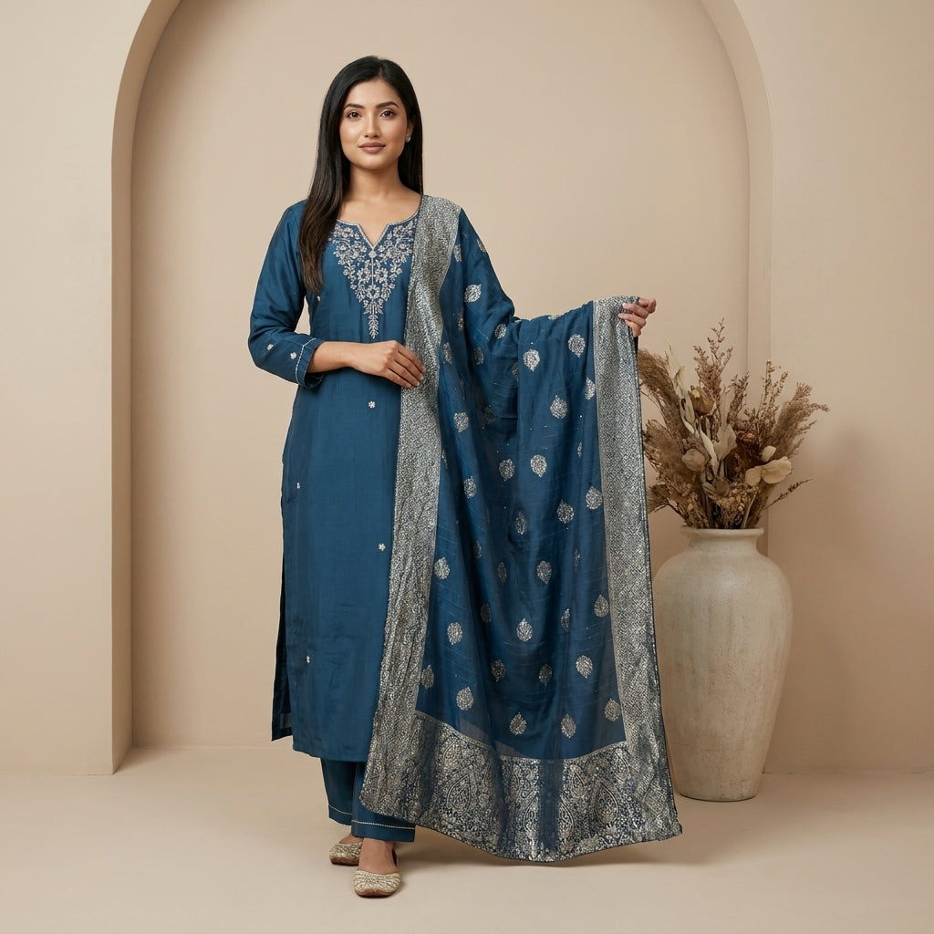 Teal raw silk kurti set with silver zari embroidery at neckline and woven Banarasi dupatta with gold buti motifs — Behuli