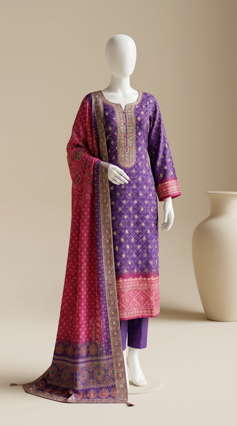 Royal purple Bandhani print kurti set with gold zari borders, embroidered neckline and magenta jacquard dupatta — Behuli