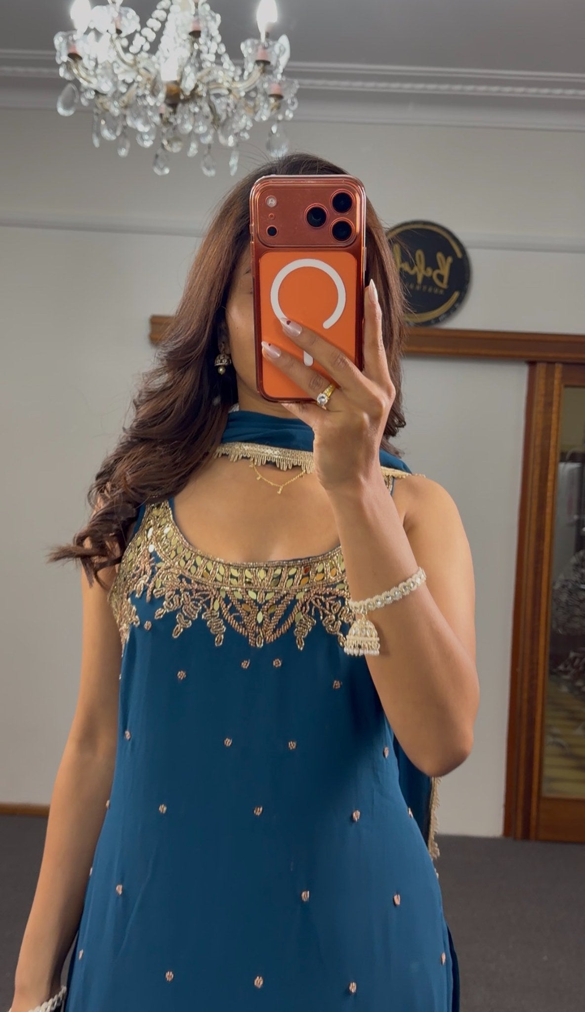 Teal georgette sleeveless sharara set with gold zari embroidery, mirror work and matching dupatta — Behuli Australia — view 5