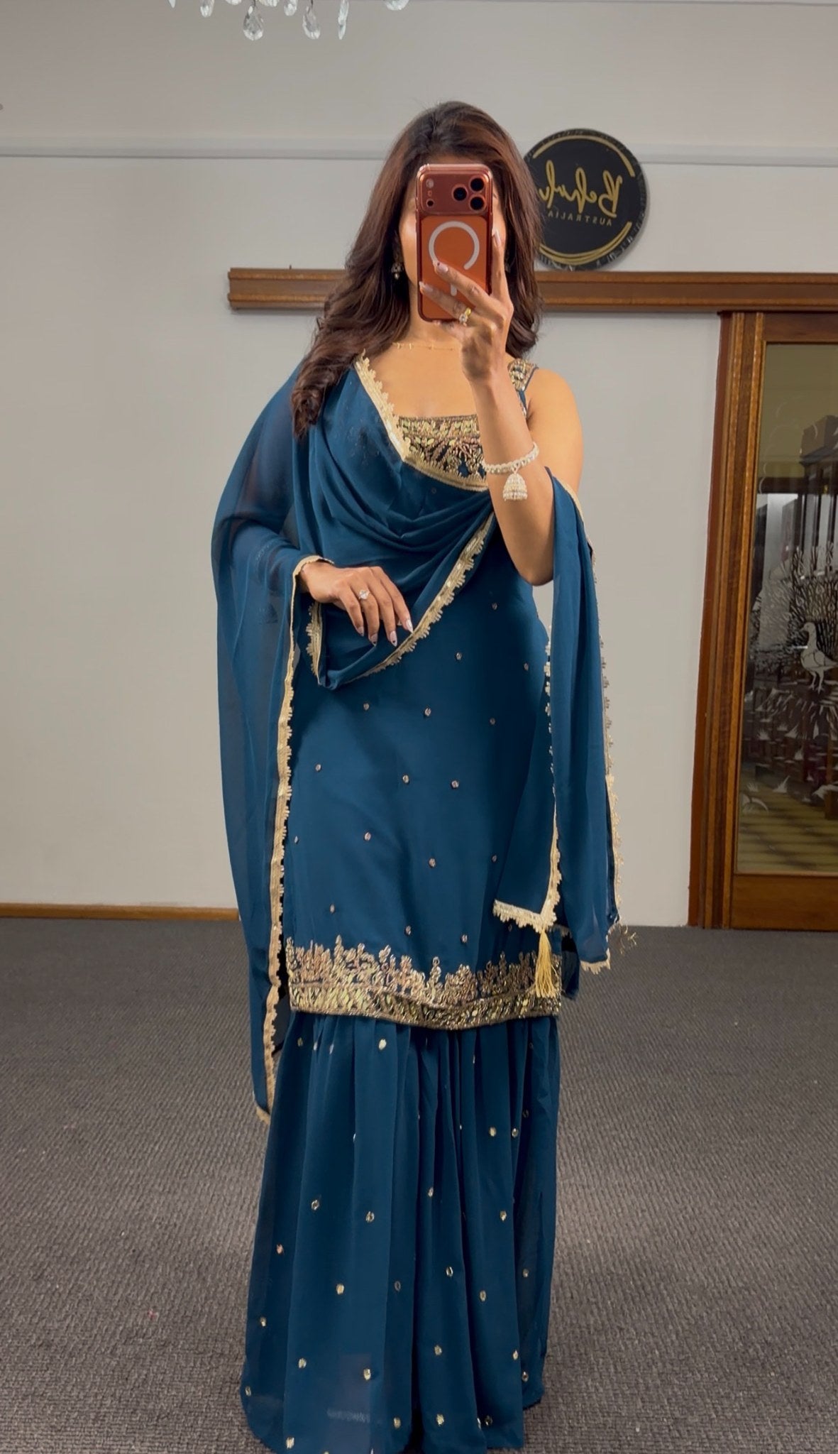 Teal georgette sleeveless sharara set with gold zari embroidery, mirror work and matching dupatta — Behuli Australia — view 2