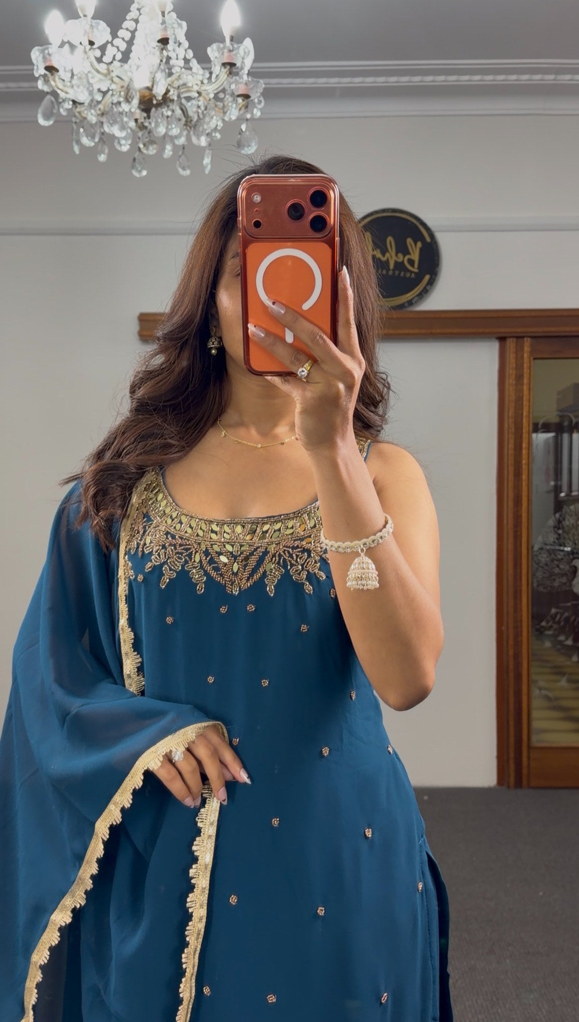 Teal georgette sleeveless sharara set with gold zari embroidery, mirror work and matching dupatta — Behuli Australia — view 3