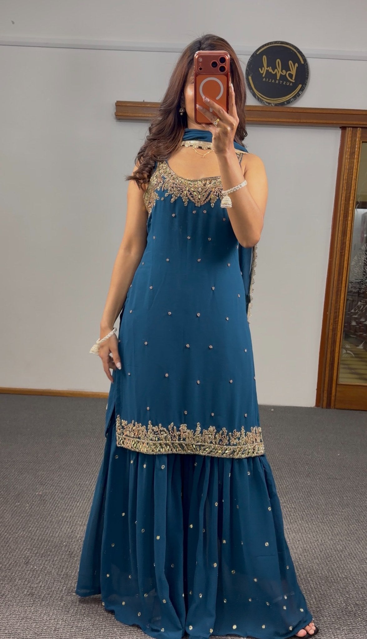 Teal georgette sleeveless sharara set with gold zari embroidery, mirror work and matching dupatta — Behuli Australia — view 6