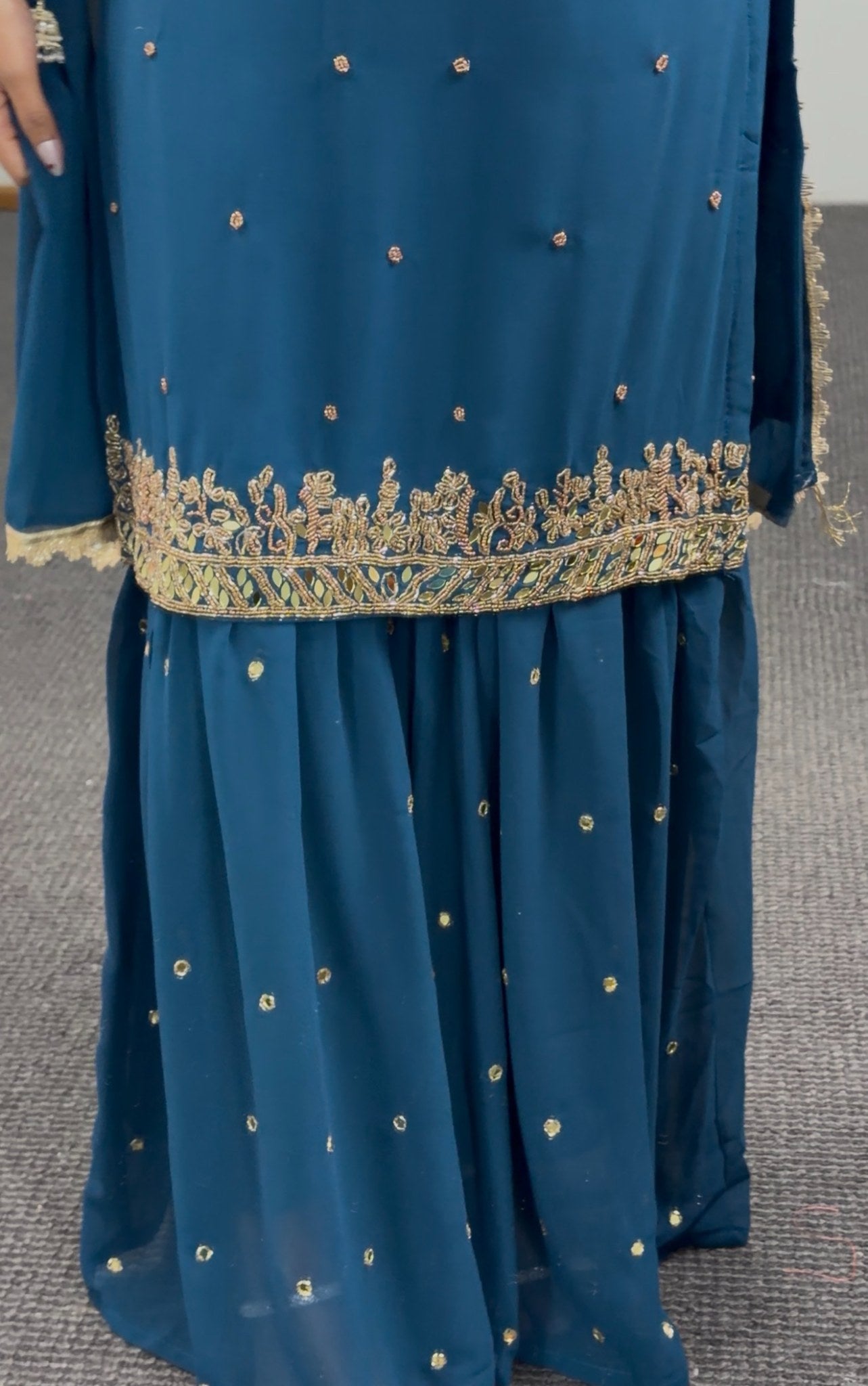 Teal georgette sleeveless sharara set with gold zari embroidery, mirror work and matching dupatta — Behuli Australia — view 4