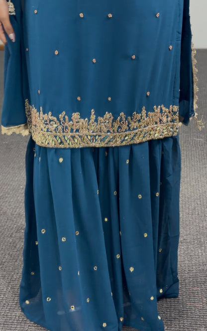 Teal georgette sleeveless sharara set with gold zari embroidery, mirror work and matching dupatta — Behuli Australia — view 4