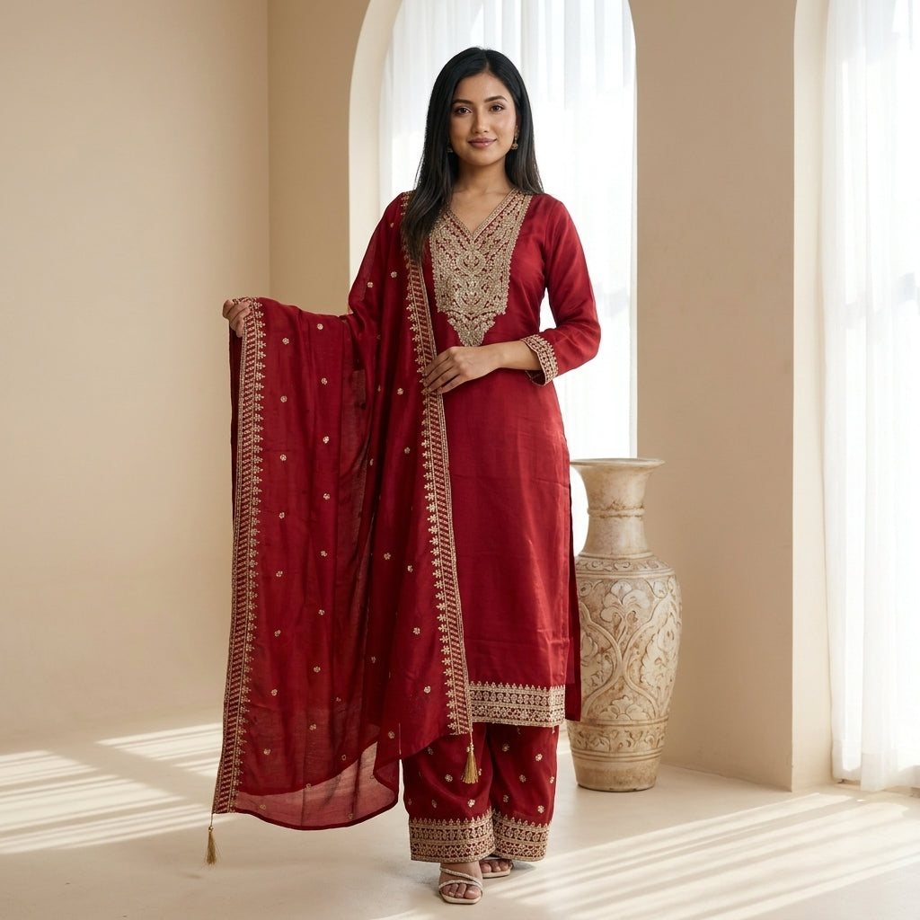 Crimson raw silk palazzo kurti set with gold zari embroidery on neckline, hem and dupatta border — Behuli Australia
