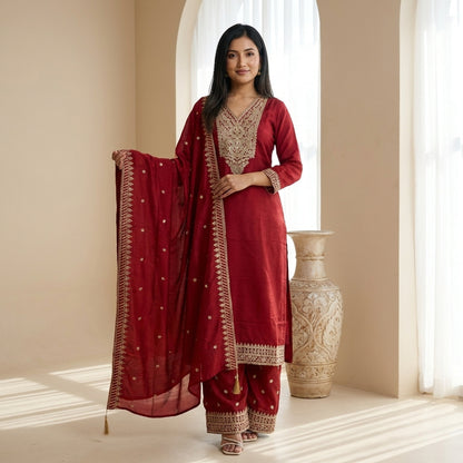 Crimson raw silk palazzo kurti set with gold zari embroidery on neckline, hem and dupatta border — Behuli Australia