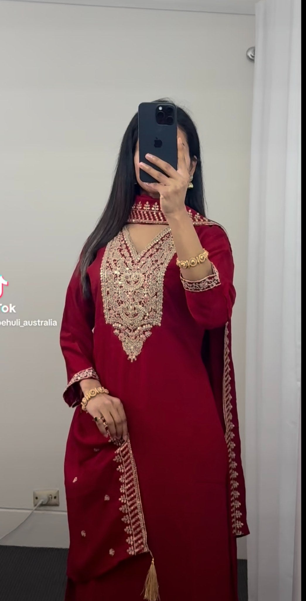 Crimson raw silk palazzo kurti set with gold zari embroidery on neckline, hem and dupatta border — Behuli Australia — view 3