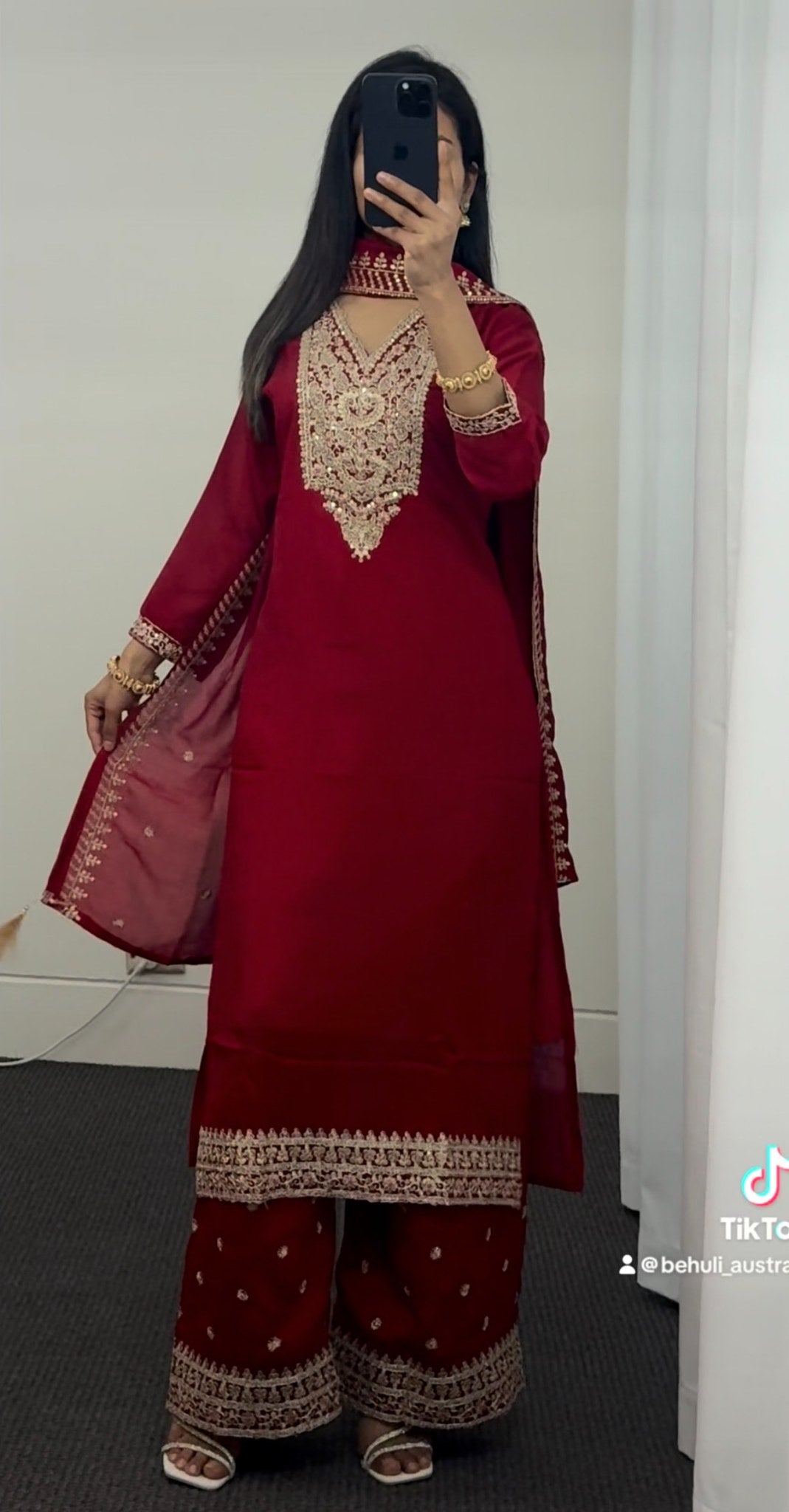 Crimson raw silk palazzo kurti set with gold zari embroidery on neckline, hem and dupatta border — Behuli Australia — view 4