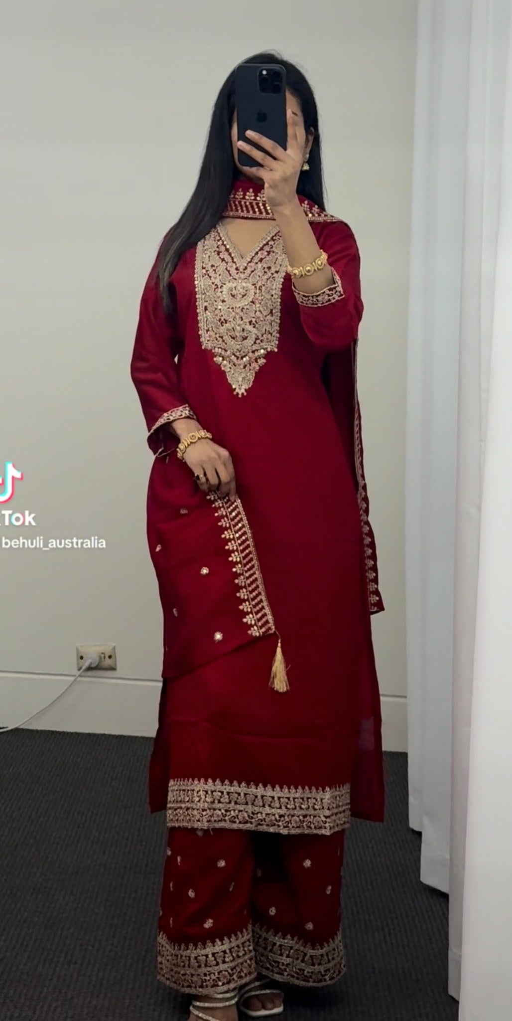Crimson raw silk palazzo kurti set with gold zari embroidery on neckline, hem and dupatta border — Behuli Australia — view 5
