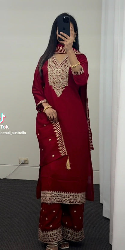 Crimson raw silk palazzo kurti set with gold zari embroidery on neckline, hem and dupatta border — Behuli Australia — view 5