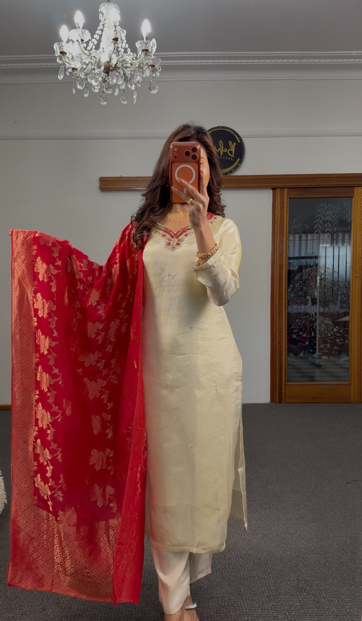 Ivory raw silk straight kurti set with zari beadwork neckline and crimson red Banarasi gold zari dupatta — Behuli Australia — view 2