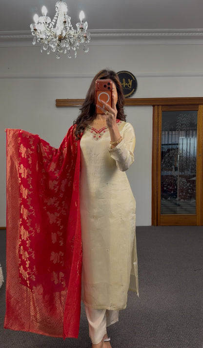 Ivory raw silk straight kurti set with zari beadwork neckline and crimson red Banarasi gold zari dupatta — Behuli Australia — view 2