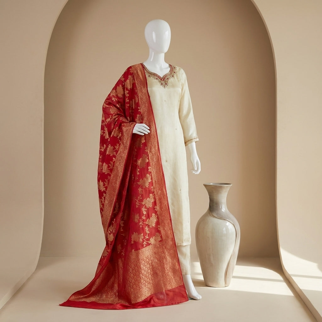 Ivory raw silk straight kurti set with zari beadwork neckline and crimson red Banarasi gold zari dupatta — Behuli Australia