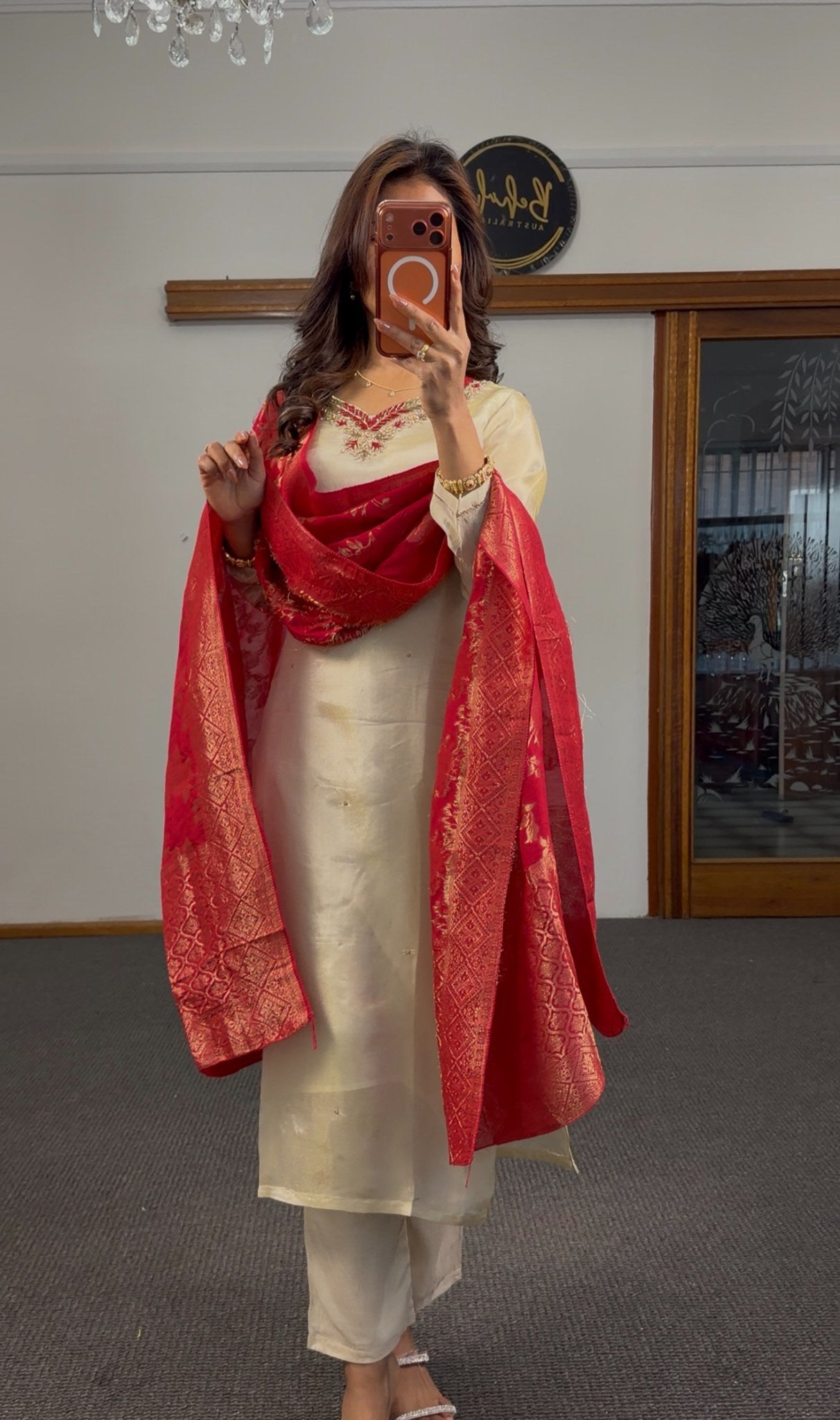 Ivory raw silk straight kurti set with zari beadwork neckline and crimson red Banarasi gold zari dupatta — Behuli Australia — view 4