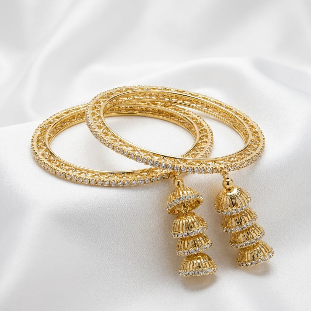 Gold-plated CZ filigree bangles set with triple-tier jhumka tassel charm drops, 2 pieces — Behuli Australia