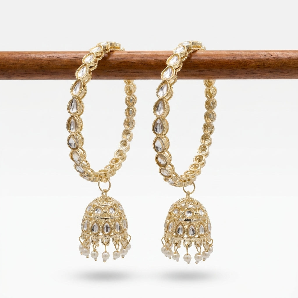 Gold-plated kundan hoop earrings with ornate jhumka bell pendant and ivory pearl drops — Behuli Australia