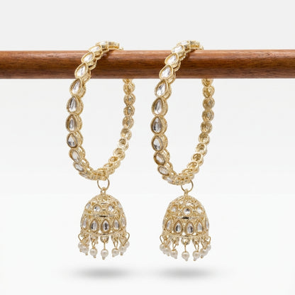 Gold-plated kundan hoop earrings with ornate jhumka bell pendant and ivory pearl drops — Behuli Australia