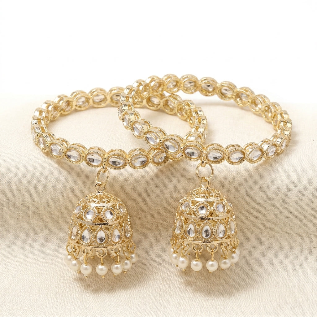 Gold-plated kundan hoop earrings with ornate jhumka bell pendant and ivory pearl drops — Behuli Australia — view 2